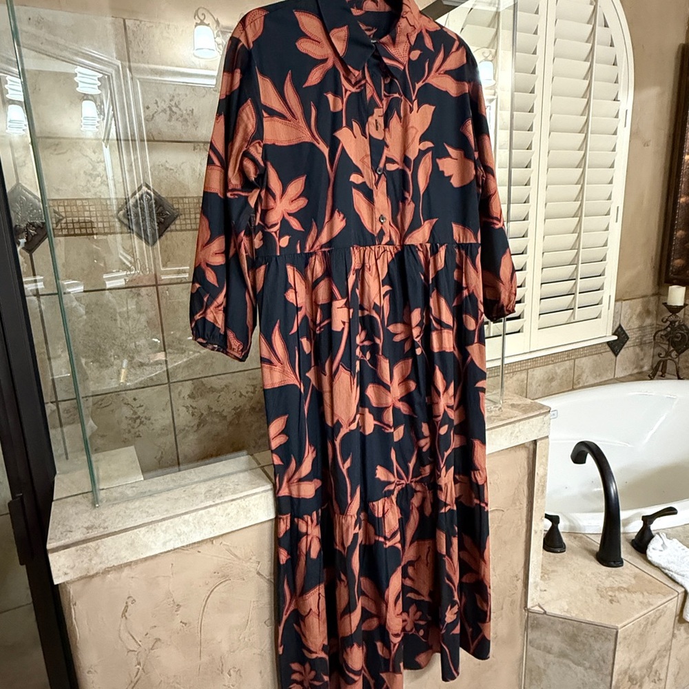 Anthropologie Black Midi Dress with Rust Floral Print